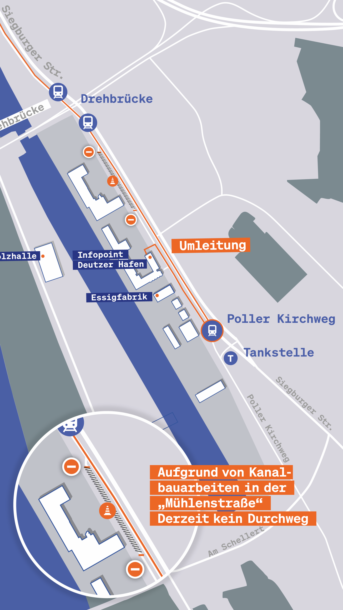 Karte des Deutzer Hafen entlang des Rheins mit markierten Bereichen wie Holzhalle, Essigfabrik und Infopoint sowie den angrenzenden Straßen, Brücken (Severinsbrücke, Drehbrücke) und Haltestellen rund um den Poller Kirchweg. Es wird die Umleitungsstrecke visualisiert: Aufgrund von Kanallbauarbeiten an der „Mühlenstraße“, ist der Infopoint derzeit nur aus Richtung Porz zu erreichen.