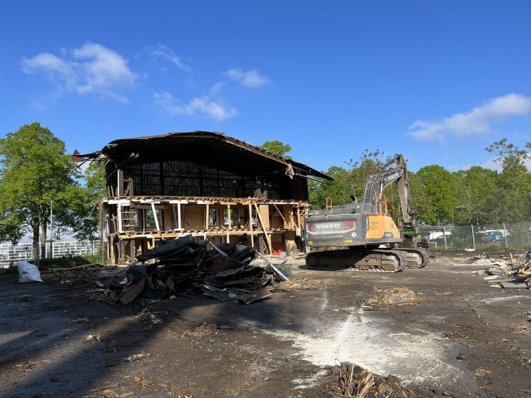 Rückbau einer ehemaligen Holzhalle im Deutzer Hafen Köln mit Bagger und Materialstapeln.