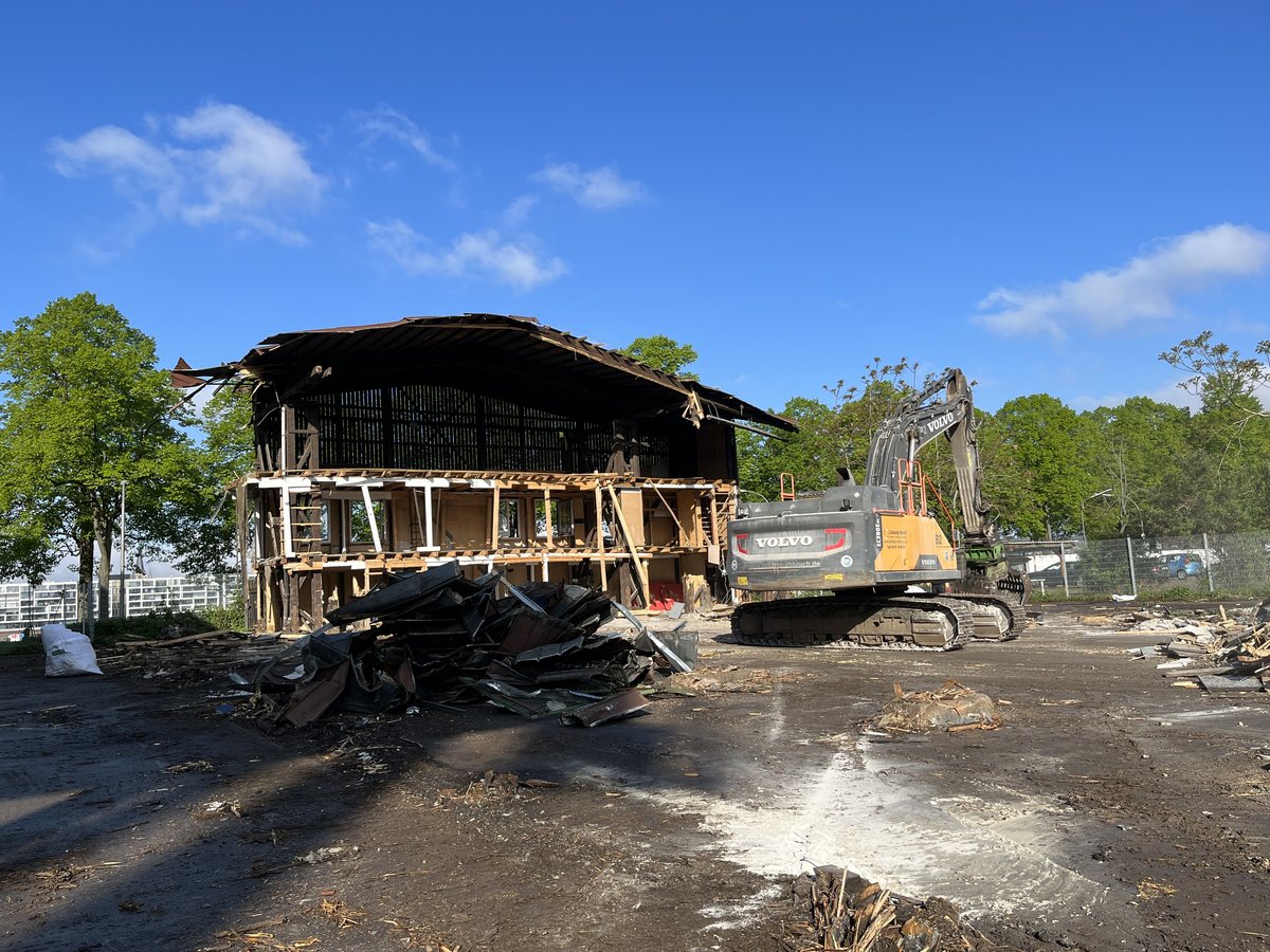 Rückbau einer ehemaligen Holzhalle im Deutzer Hafen Köln mit Bagger und Materialstapeln.
