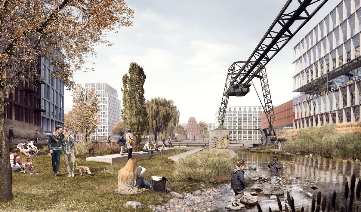 Visualisierung eines zukünftigen Parks mit Wasserfläche und erhaltenem Hafenkran im Deutzer Hafen Köln.