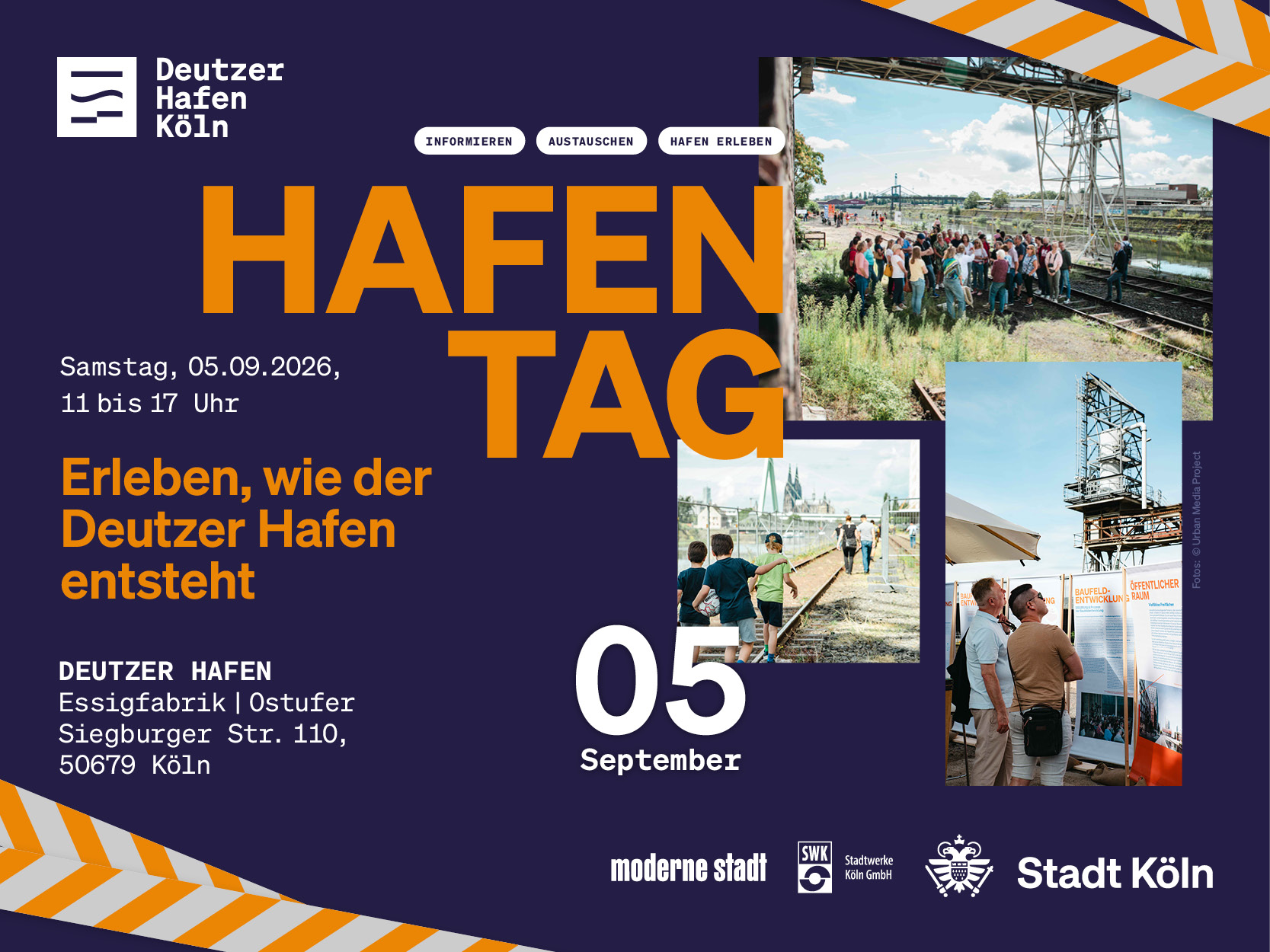 Ankündigungsgrafik zum Hafentag im Deutzer Hafen Köln: ‚Willkommen auf der Baustelle – Erleben, wie der Deutzer Hafen entsteht', Sa., 05.09.2026, 11 bis 17 Uhr, Essigfabrik/Ostufer, Siegburger Straße 108, 50679 Köln. Bildmotive zeigen eine Führungsgruppe auf dem Baustellengelände, Kinder auf Gleisanlagen am Ufer mit Blick auf den Kölner Dom sowie Besucher:innen an einer Infotafel zur Bau- und Freiraumentwicklung. Logos von Deutzer Hafen Köln, moderne stadt, Stadtwerke Köln und Stadt Köln.