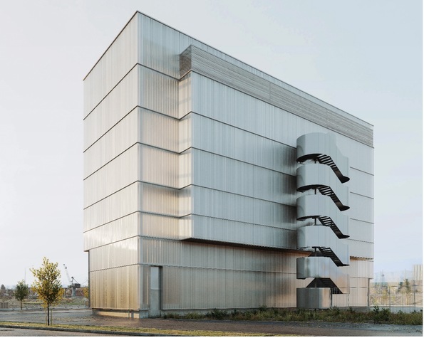 Architektur-Rendering des neuen Umspannwerks im Deutzer Hafen Köln an der Ecke Poller Kirchweg/Am Schnellert: mehrgeschossiges Gebäude mit gerippter, changierender Metallfassade und außenliegendem spiralförmigem Treppenturm.